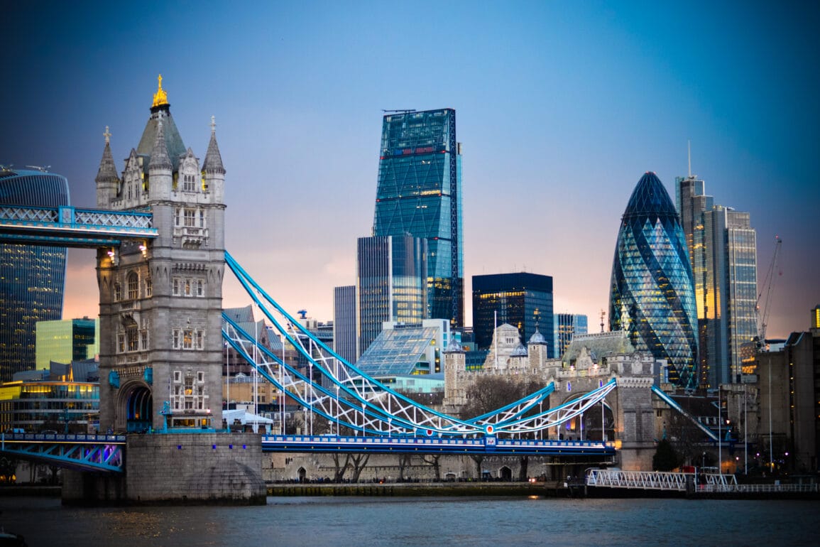 London skyline with Tower Bridge during sunset.