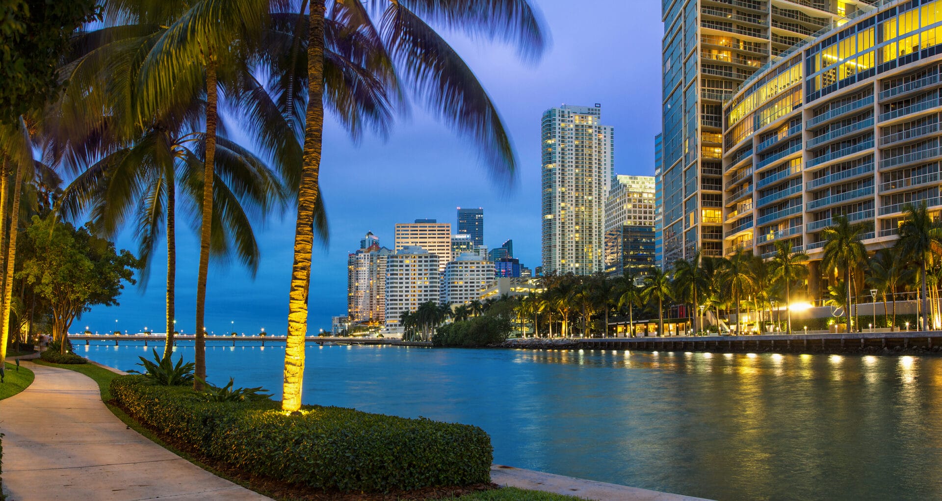 Illuminated Miami, Downtown District at dusk.