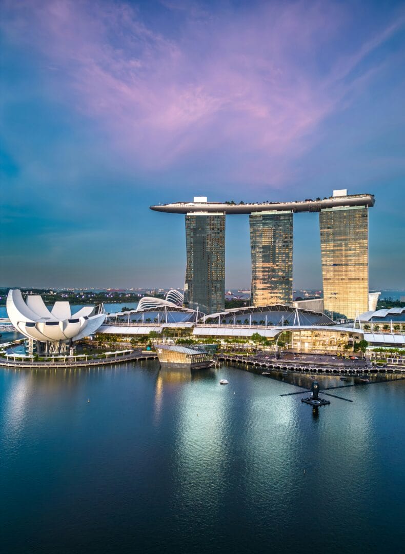 Singapore skyline with Marina Bay Sands at dusk.